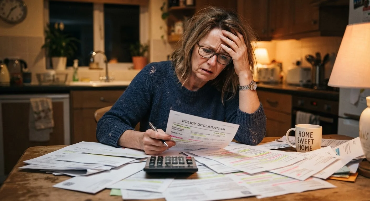 Person reviewing insurance policy documents at a home kitchen table with a calculator nearby