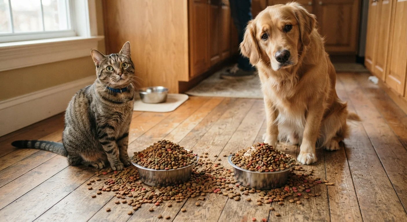 A cat and dog sitting next to full food bowls in a home kitchen