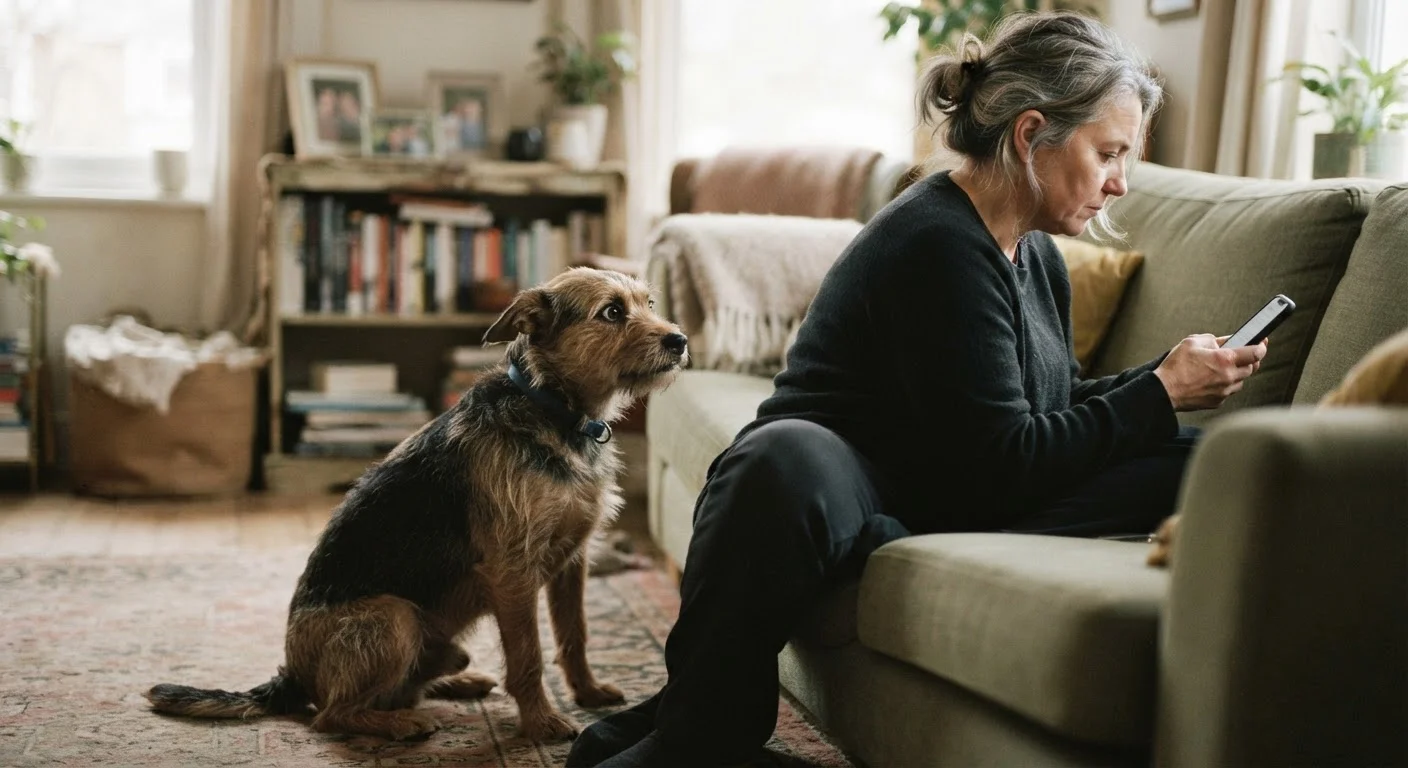 A dog looking anxious and uncertain while its owner stands nearby indoors