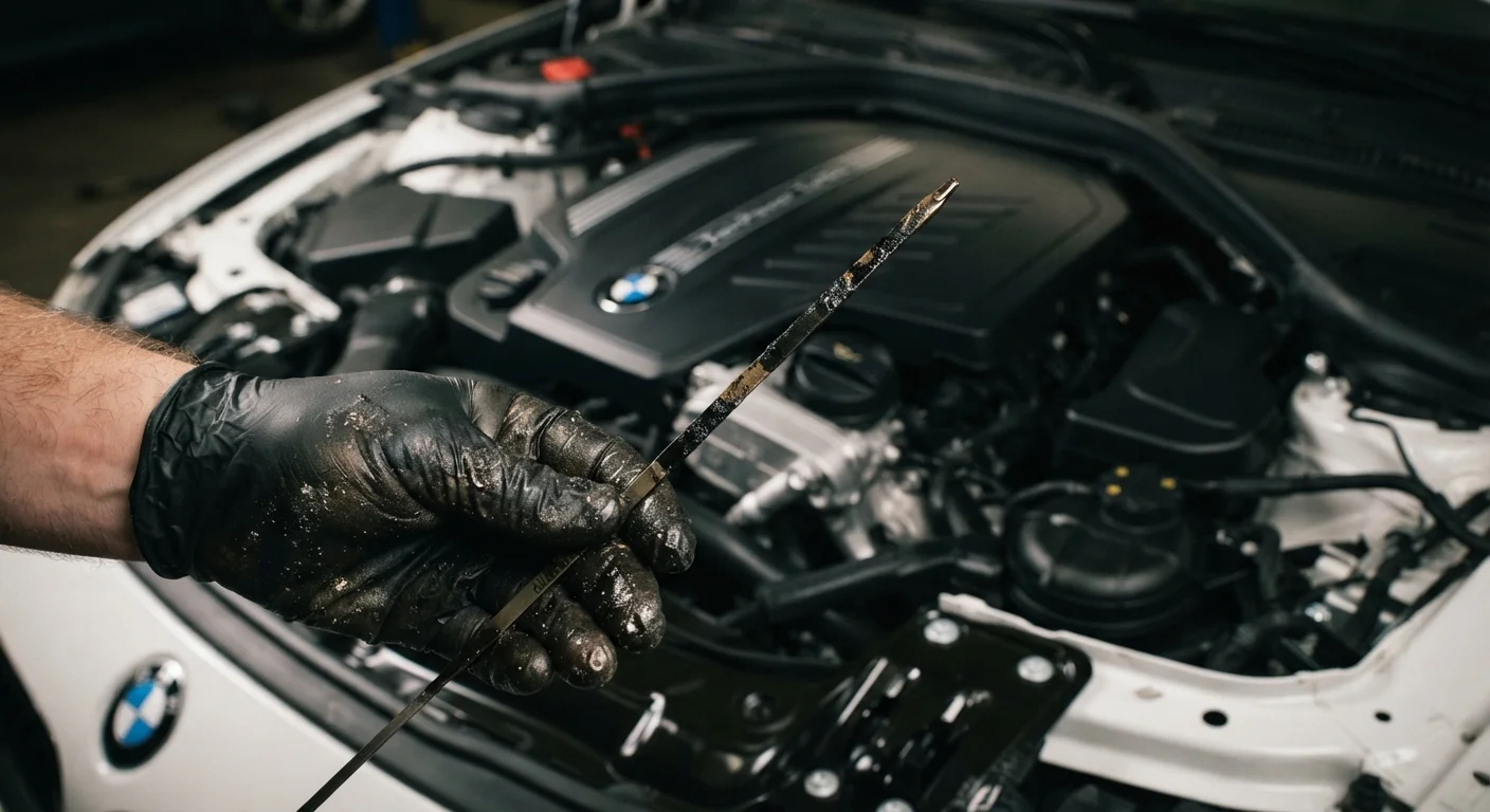 A mechanic holding a dirty oil dipstick next to a car engine, illustrating neglected oil changes