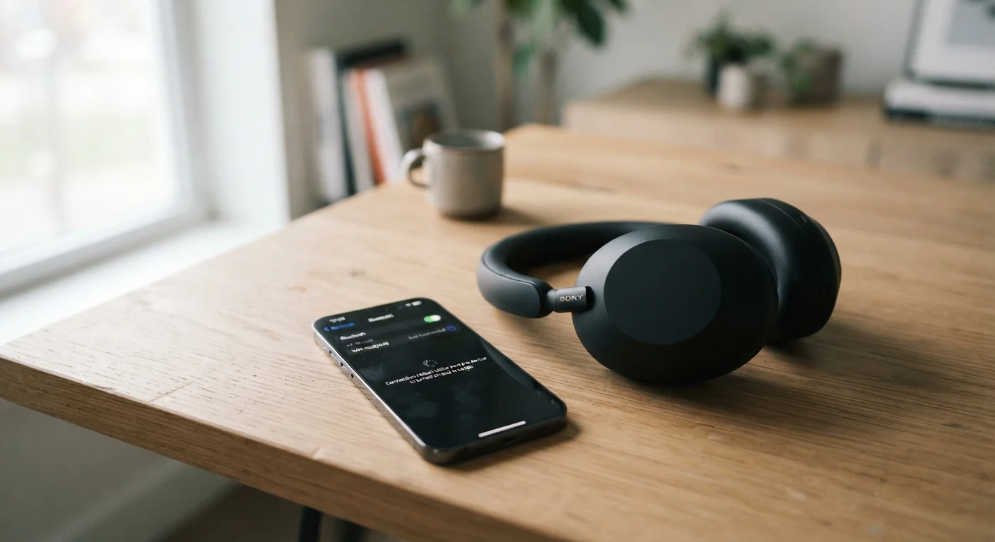 Wireless headphones lying on a desk next to a smartphone, suggesting a disconnection issue