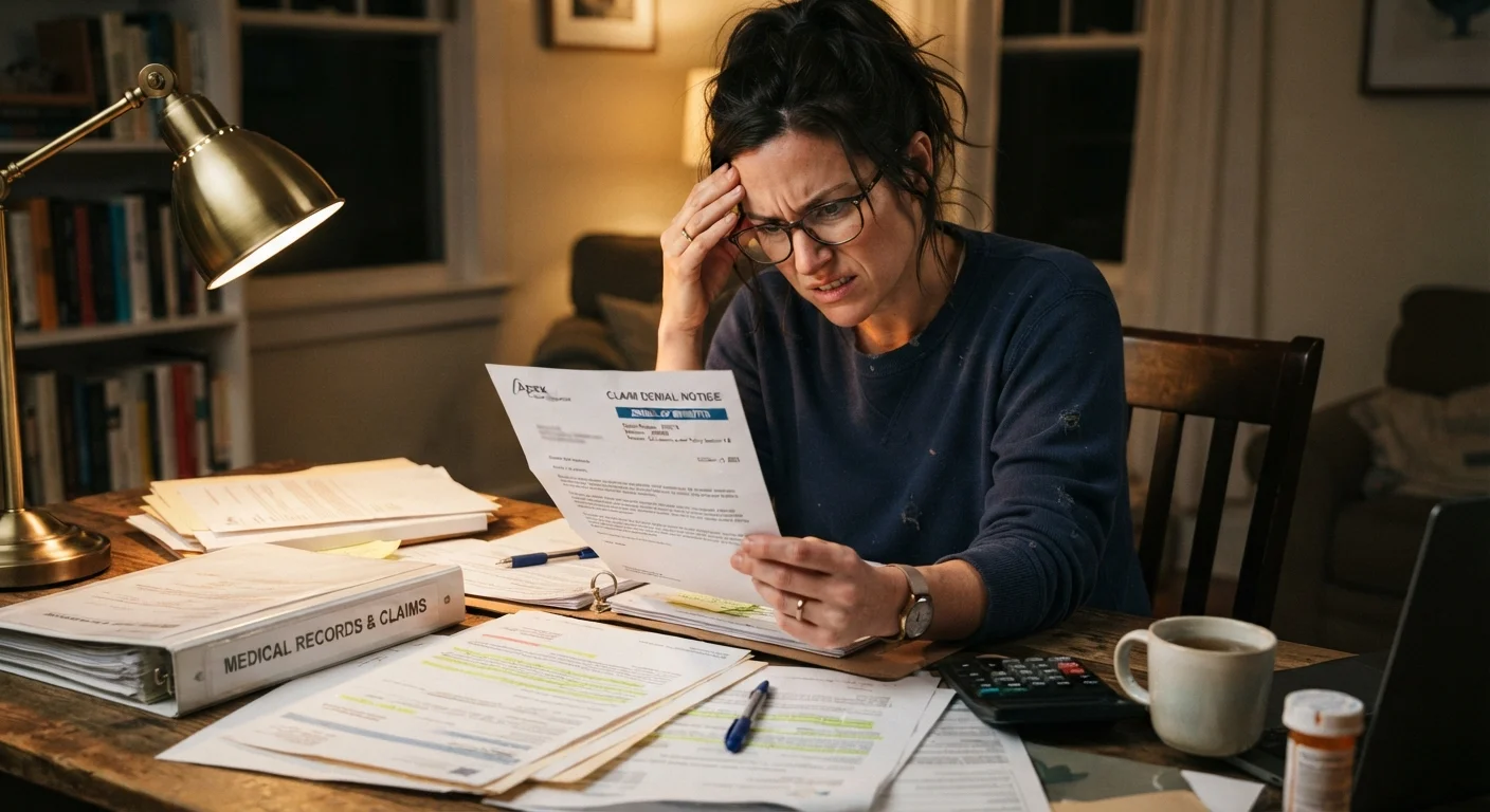 Person reviewing an insurance claim denial letter at a desk covered with documents