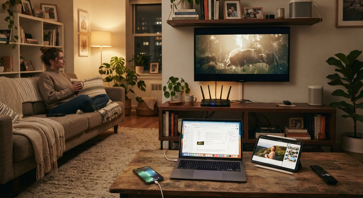 A wireless router glowing on a shelf in a busy home living room surrounded by connected devices