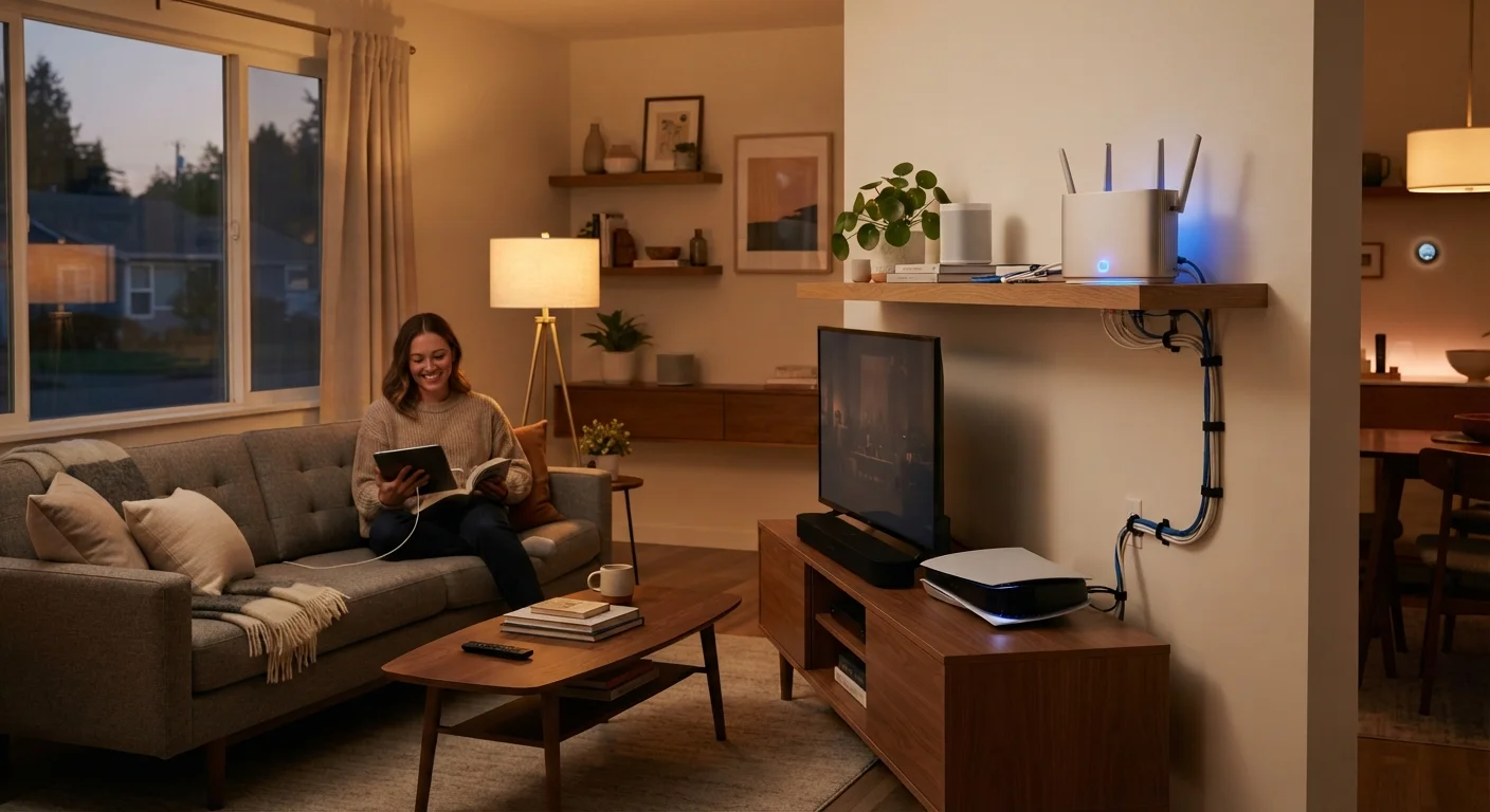 A home router with Wi-Fi signal and ethernet cables connecting devices in a living room