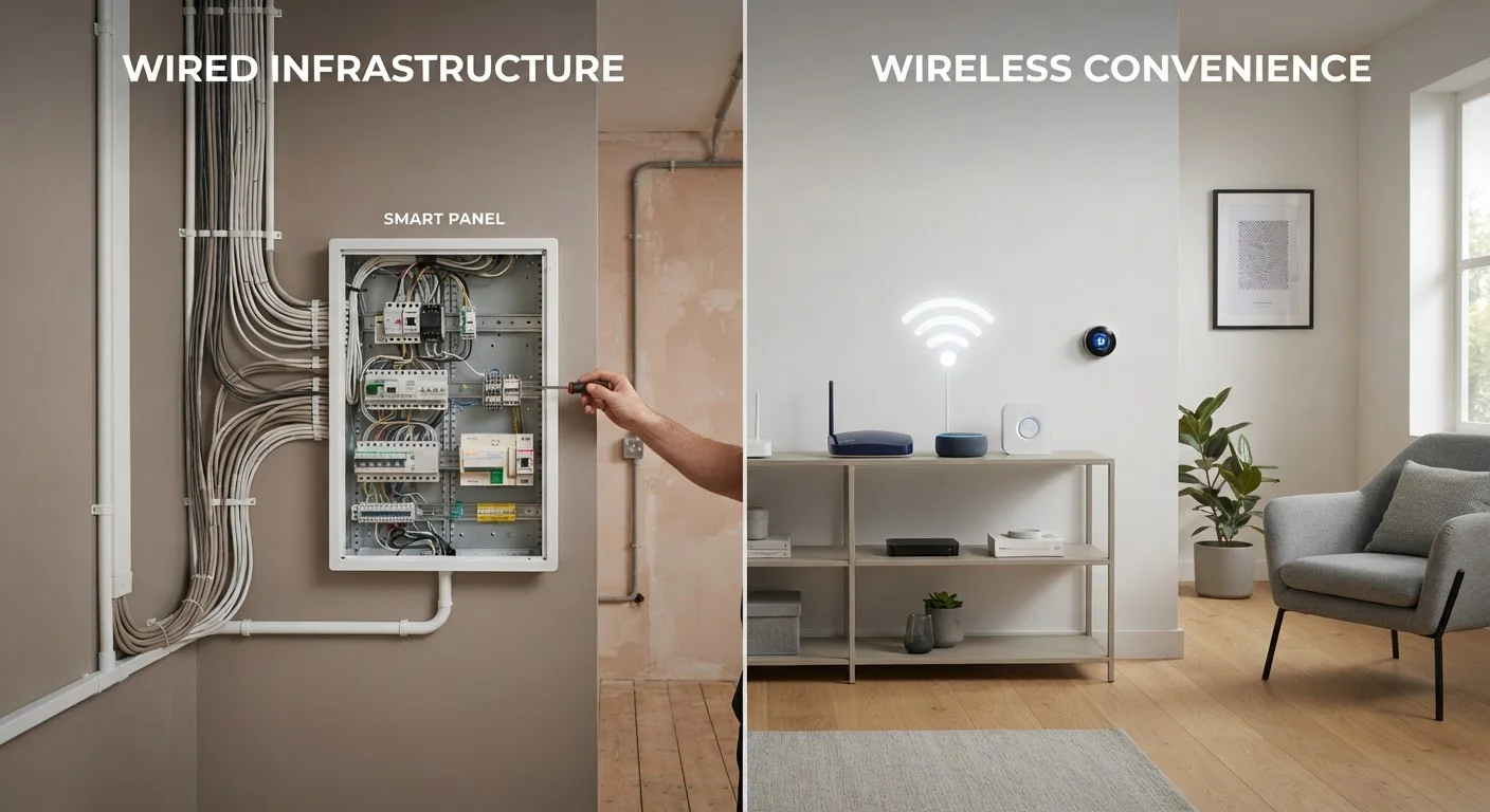 Split-view of a home showing wired smart home installation on one side and wireless smart devices on the other