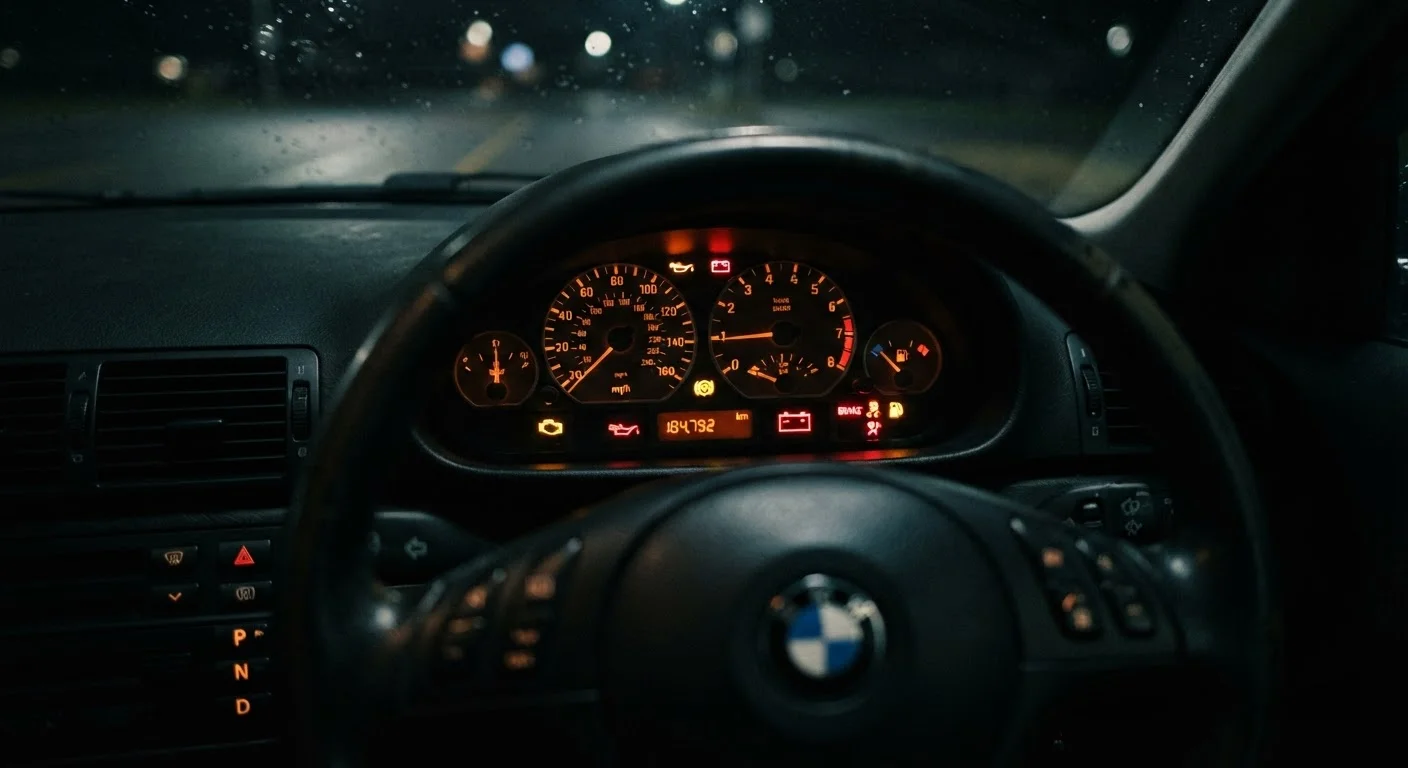 Car dashboard lit up with multiple amber and red warning lights glowing in the dark