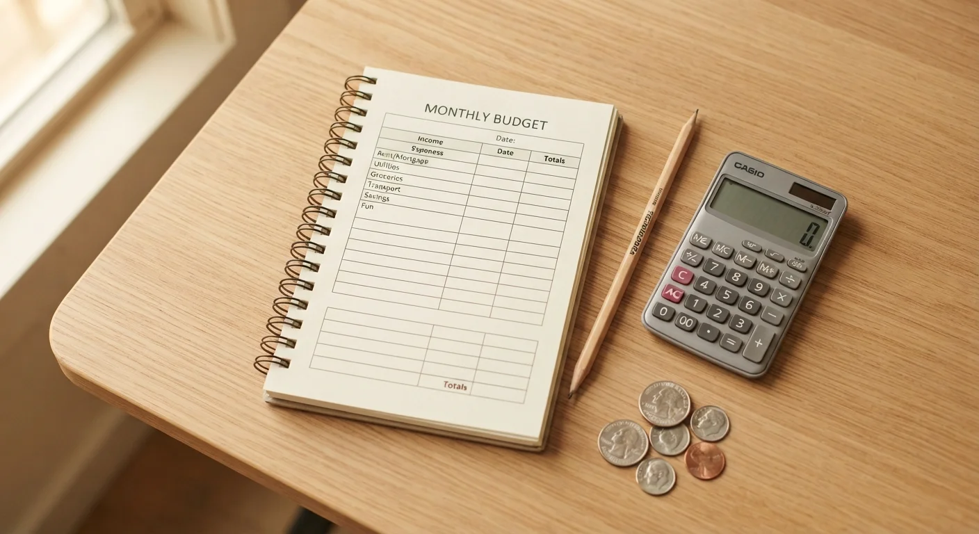 Open notebook with a blank budget worksheet, pencil, calculator, and coins on a wooden desk