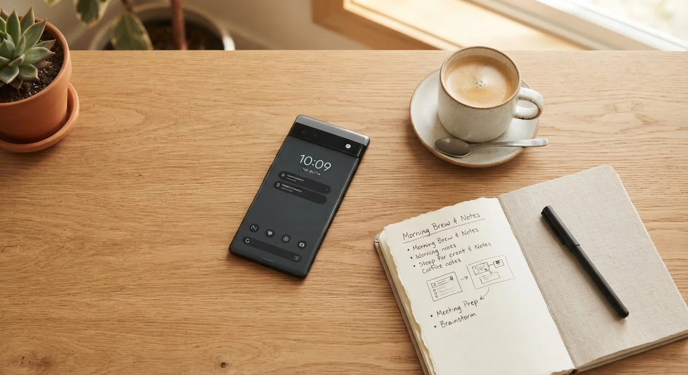 A smartphone on a wooden desk with a notepad and coffee cup, soft natural lighting
