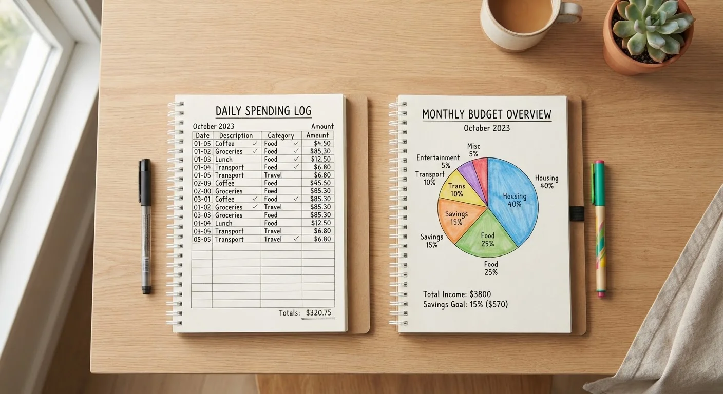 Two budgeting notebooks side by side, one with detailed expense lines and one with a percentage pie chart